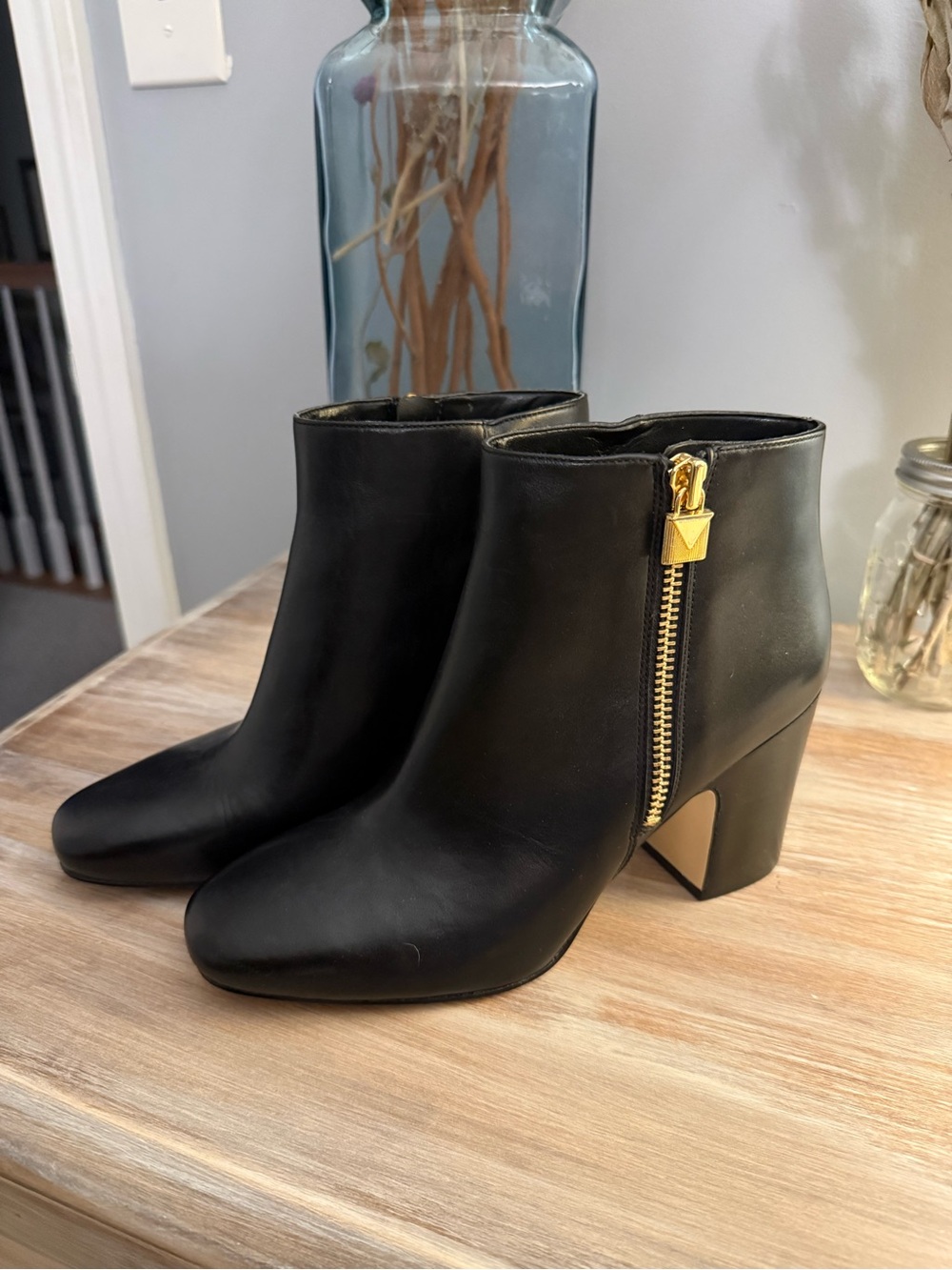 Michael Kors Black Leather Ankle Booties with Gold Zip